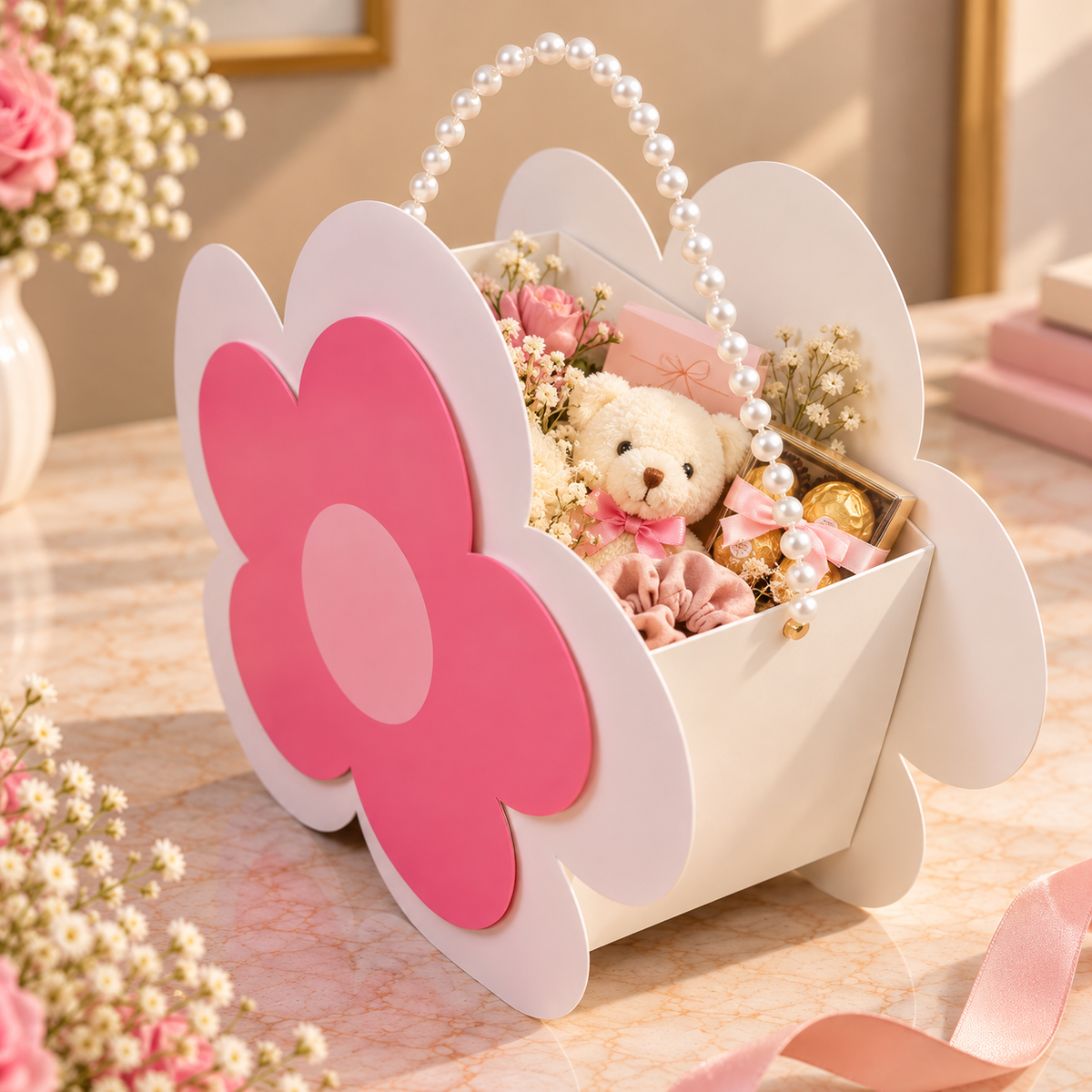 Pink & White Flower Shape Gift Box with Pearl Handle Pack of 12
