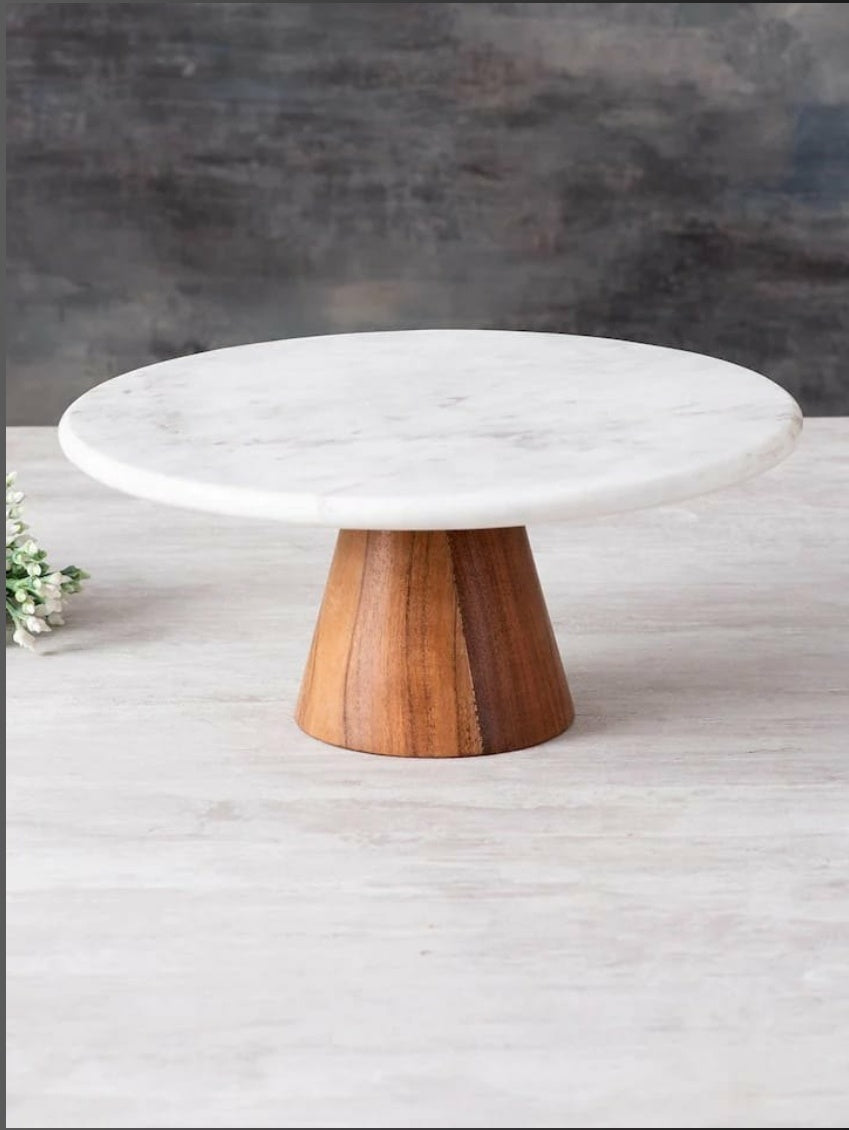 White Marble Cake Stand with Wooden Base