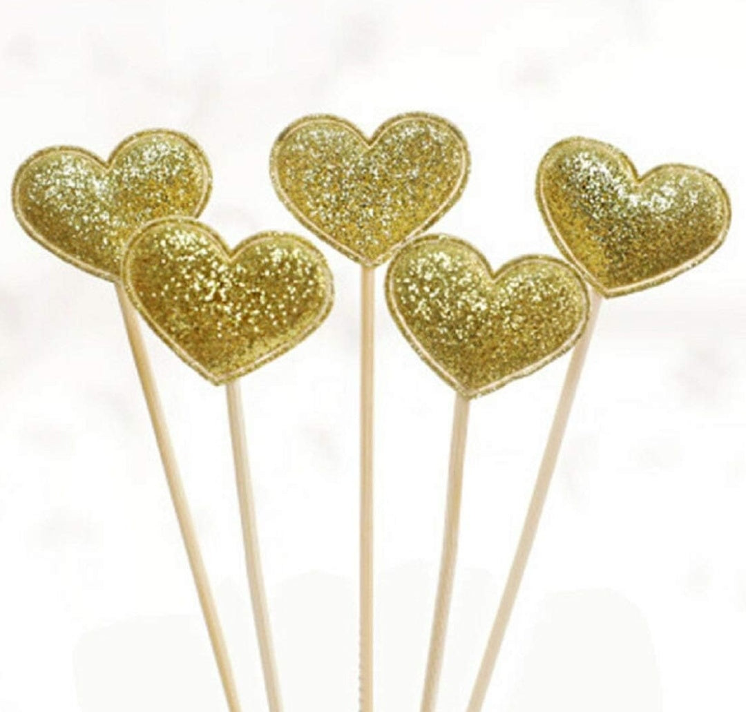 Golden glitter heart topper.    pack of 10