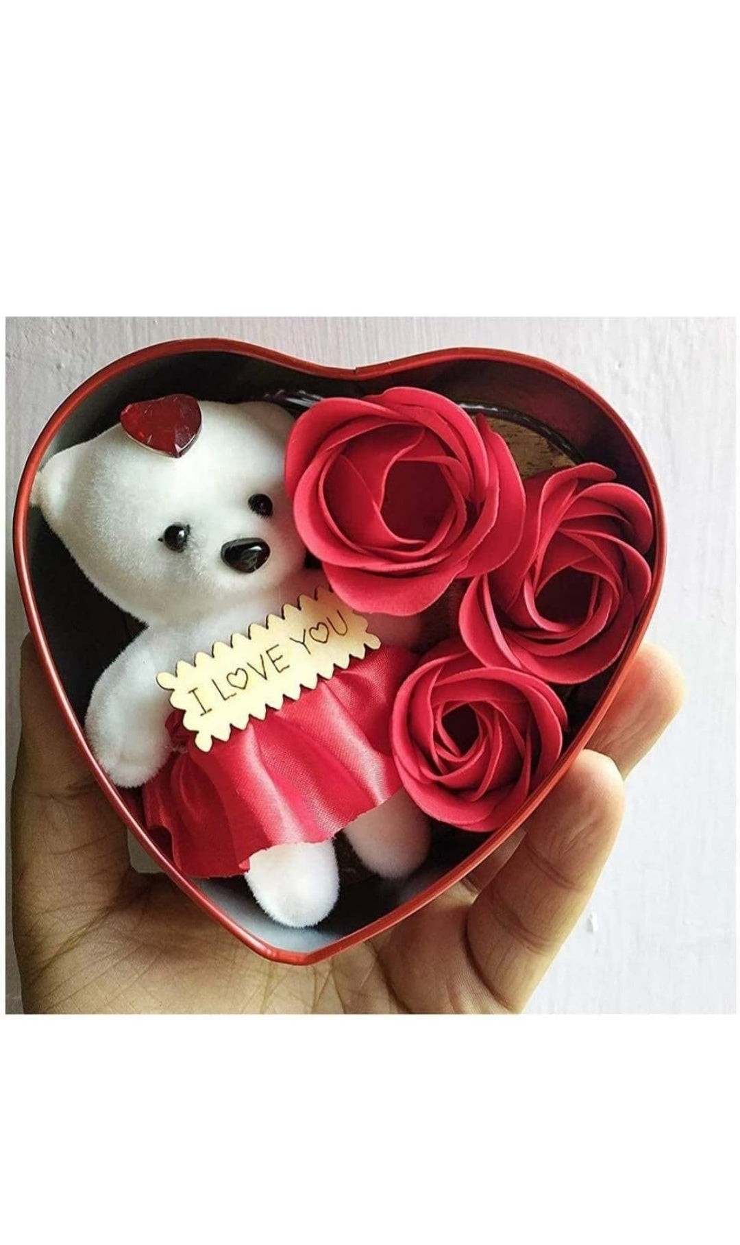 Heart Shape Box with Teddy and 3 Pcs Artificial Rose