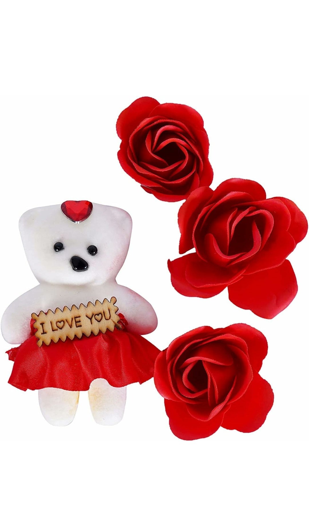 Heart Shape Box with Teddy and 3 Pcs Artificial Rose