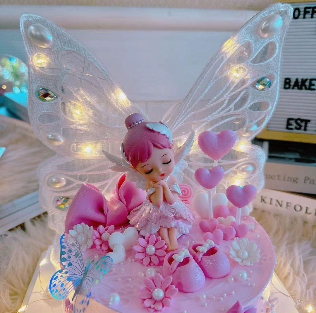 Ceramic Fairy Doll Cake Topper with Embroidered Butterfly Wings - Pink Purple