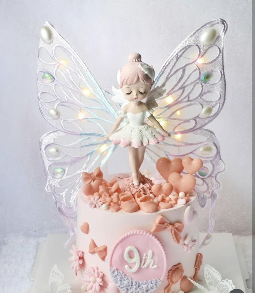 Ceramic Fairy Doll Cake Topper with Embroidered Butterfly Wings - Pink Purple