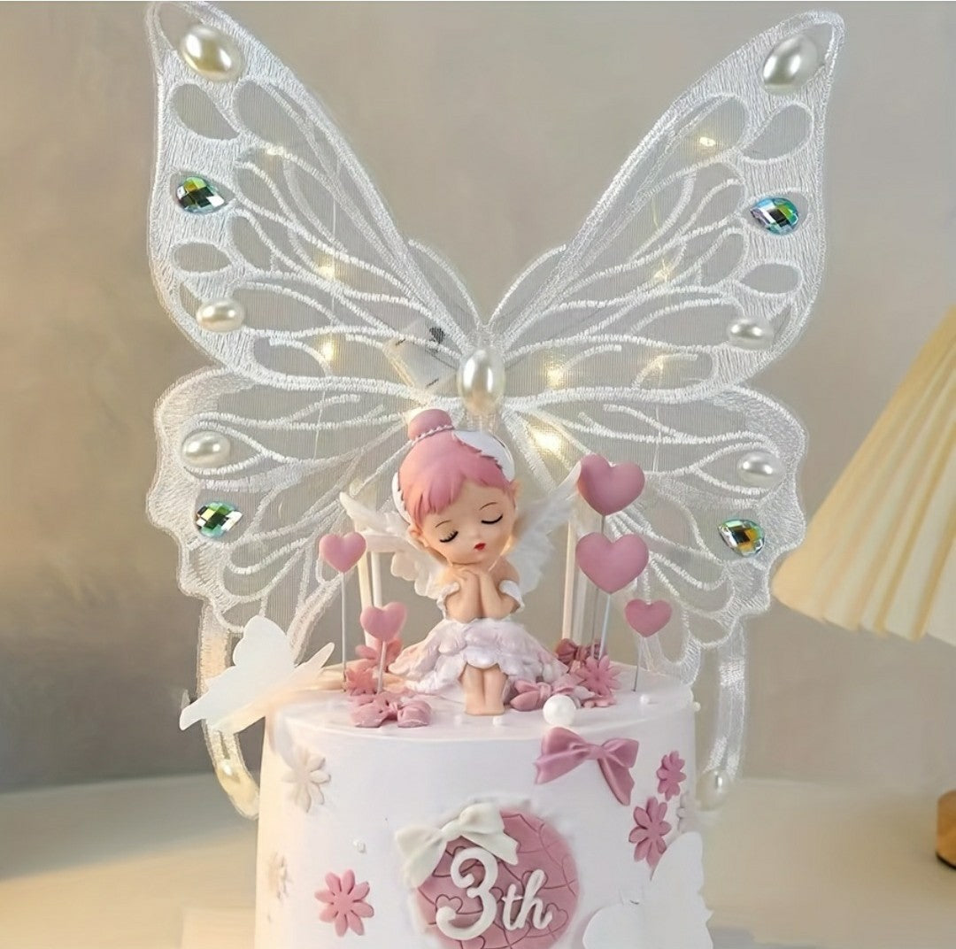 Ceramic Fairy Doll Cake Topper with Embroidered Butterfly Wings - white