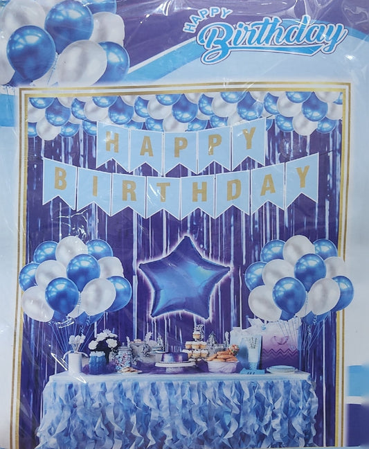 Blue Happy Birthday Party Decoration Set with (1 Curtain, 1 Happy Birthday Banner, 5 blue and 5 white baloon, 1 star foil balloon)