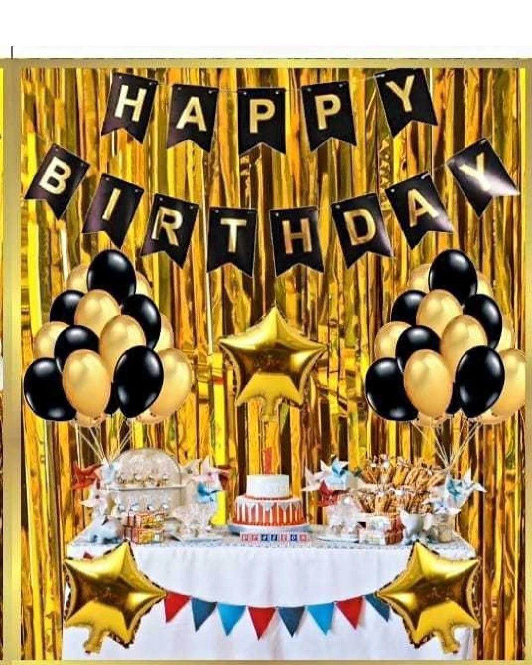 Golden Happy Birthday Party Decoration Set with (1 Curtain, 1 Happy Birthday Banner, 5 golden and 5 black baloon, 1 star foil balloon)