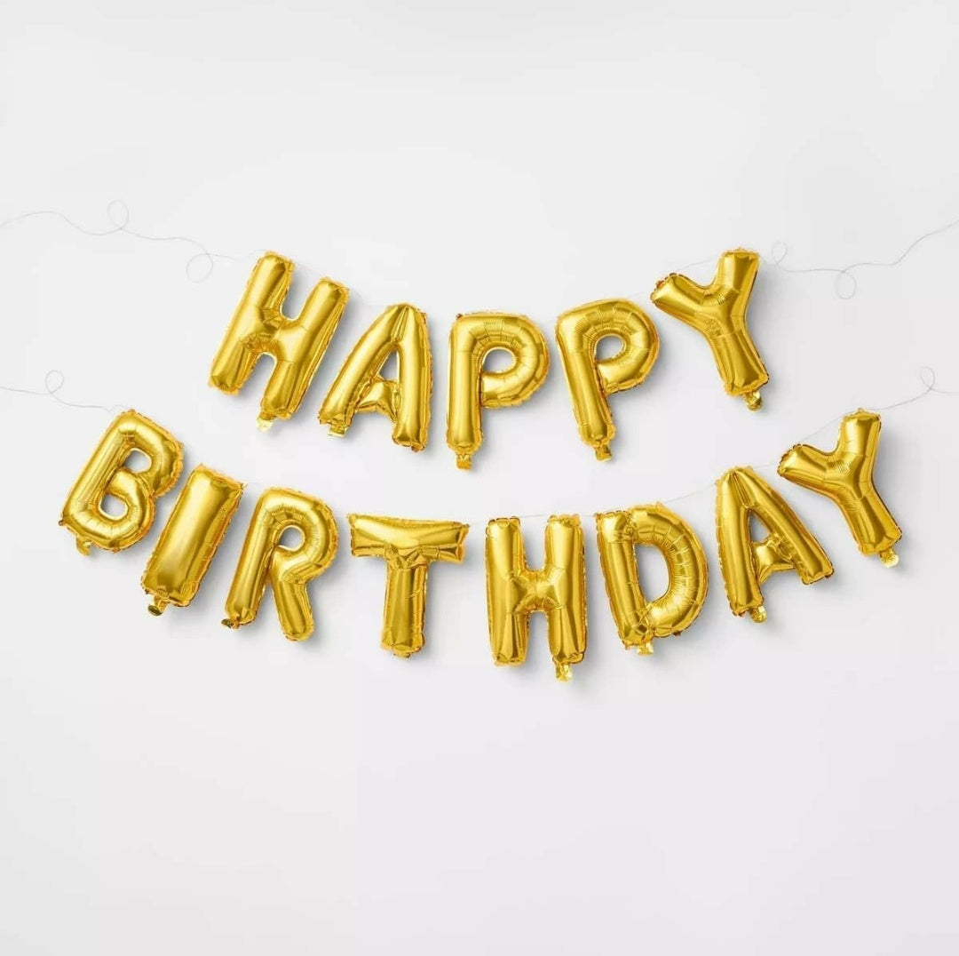 Happy Birthday gold foil balloon banner