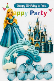 Teal Princess Castle Cake Topper Set with Rainbow, Princess, Castle, 3 Butterfly & Happy Birthday Topper