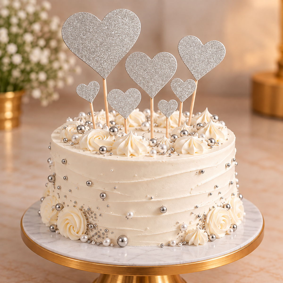Silver Glitter Heart Cake Topper Set For Cake Decoration