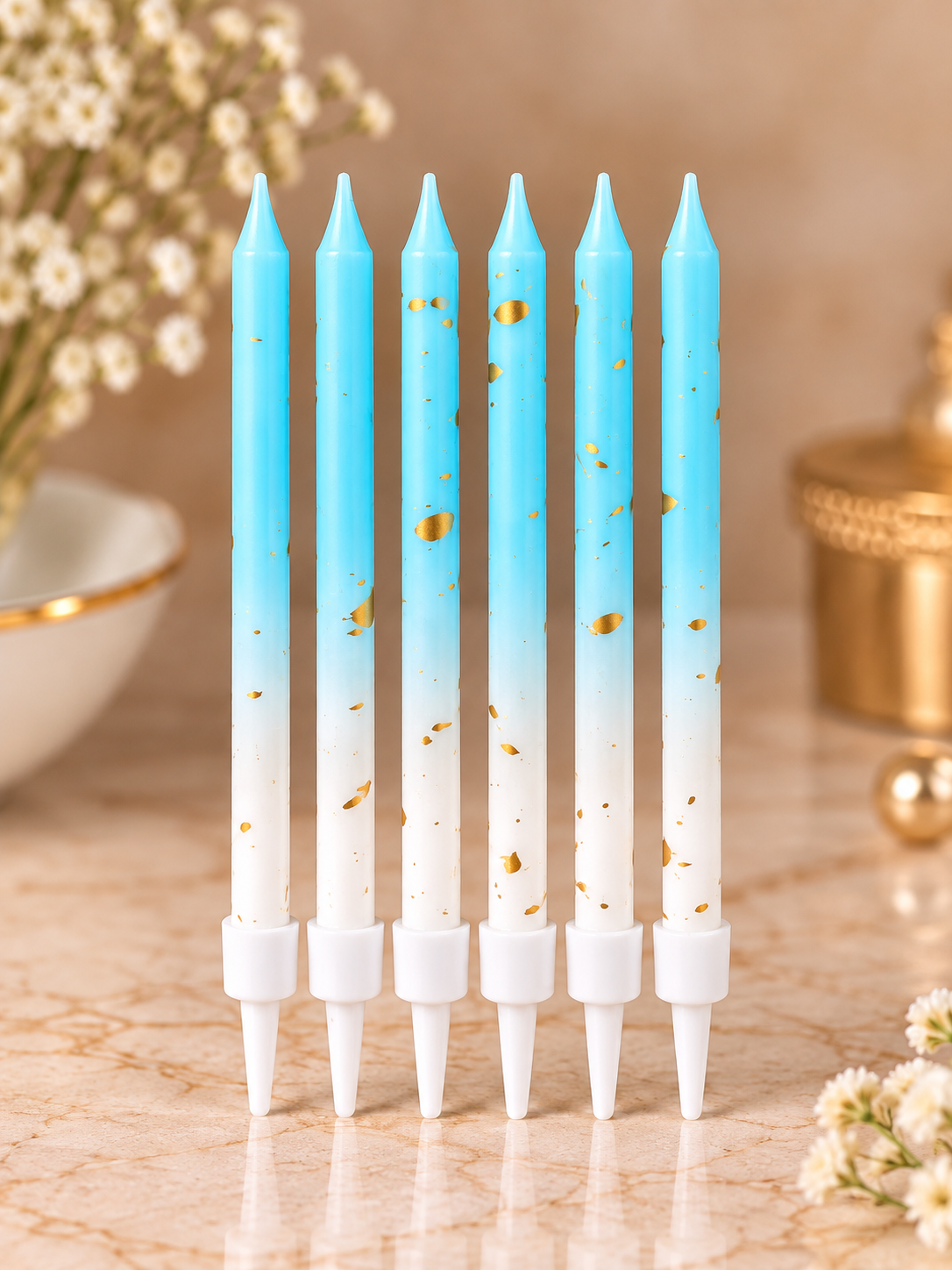 Sky Blue and White Ombre Gold Foil Candles Set Pack of 6