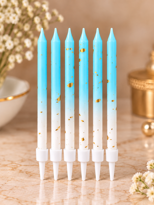 Sky Blue and White Ombre Gold Foil Candles Set Pack of 6