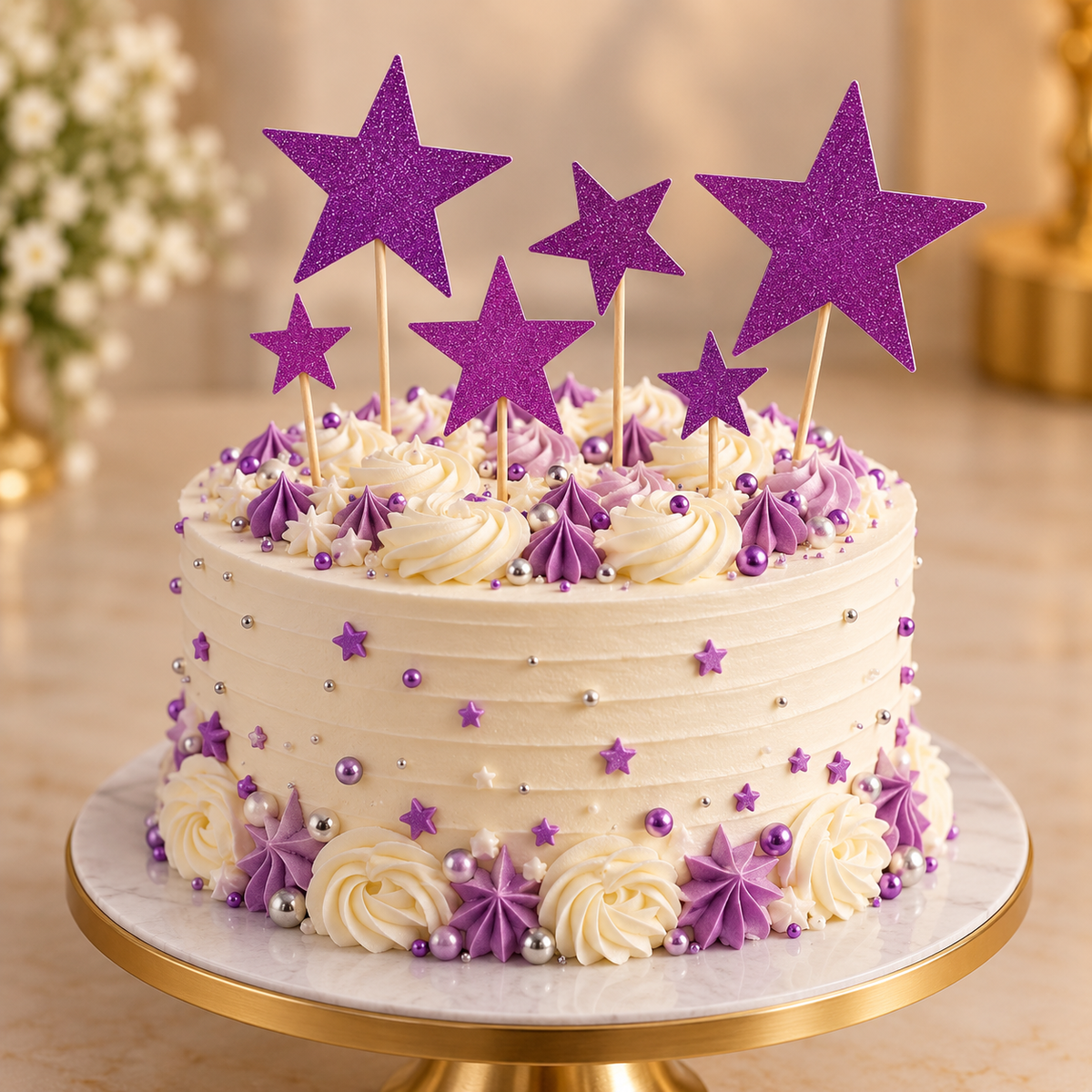 Purple Glitter Star Cake Topper Set For Cake Decoration