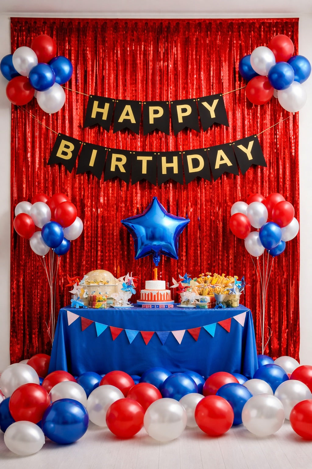 Red Happy Birthday Party Decoration Set with (2 Curtain, 1 Happy Birthday Banner, 10 Blue & 10 red balloon, 1 star foil balloon)