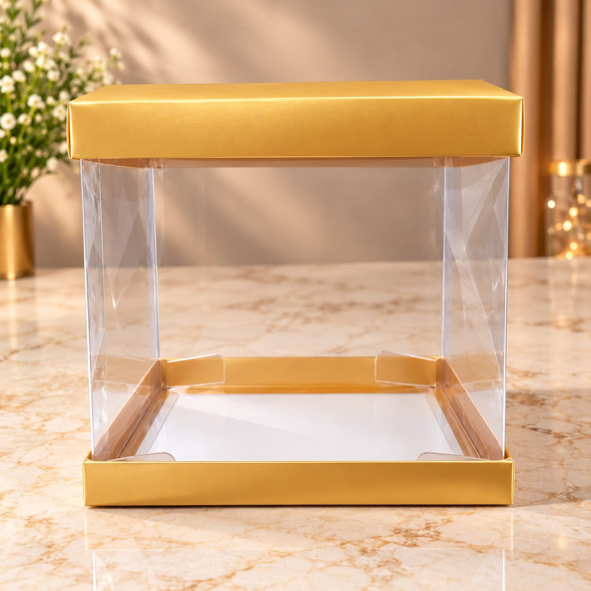 Transparent Golden Cake Box Size- 10*10*10 Inch