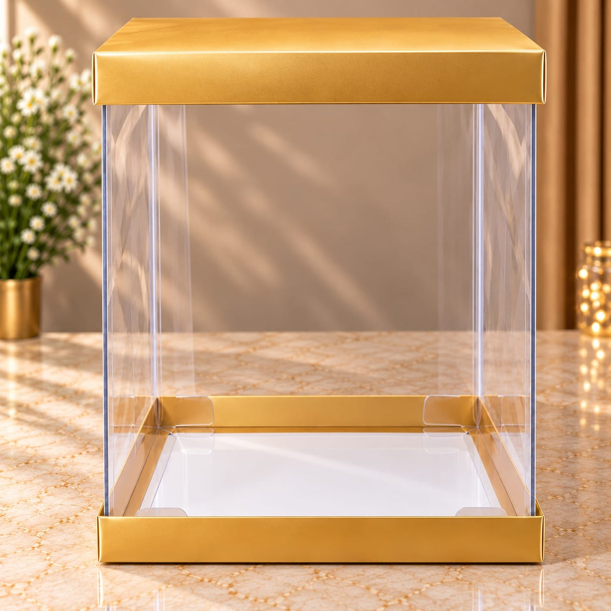 Transparent Golden Cake Box Size- 10*10*12 Inch