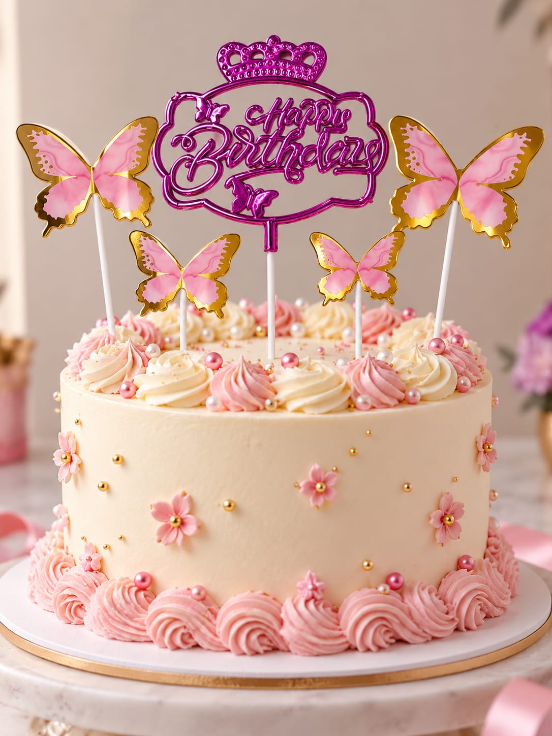 Premium Pink Happy Brithday Topper With Butterfly Set