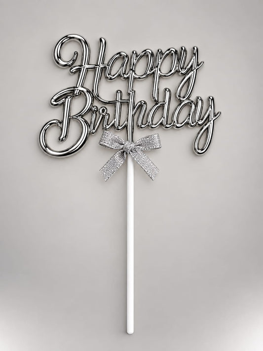 Premium Silver Happy Birthday Cake Topper