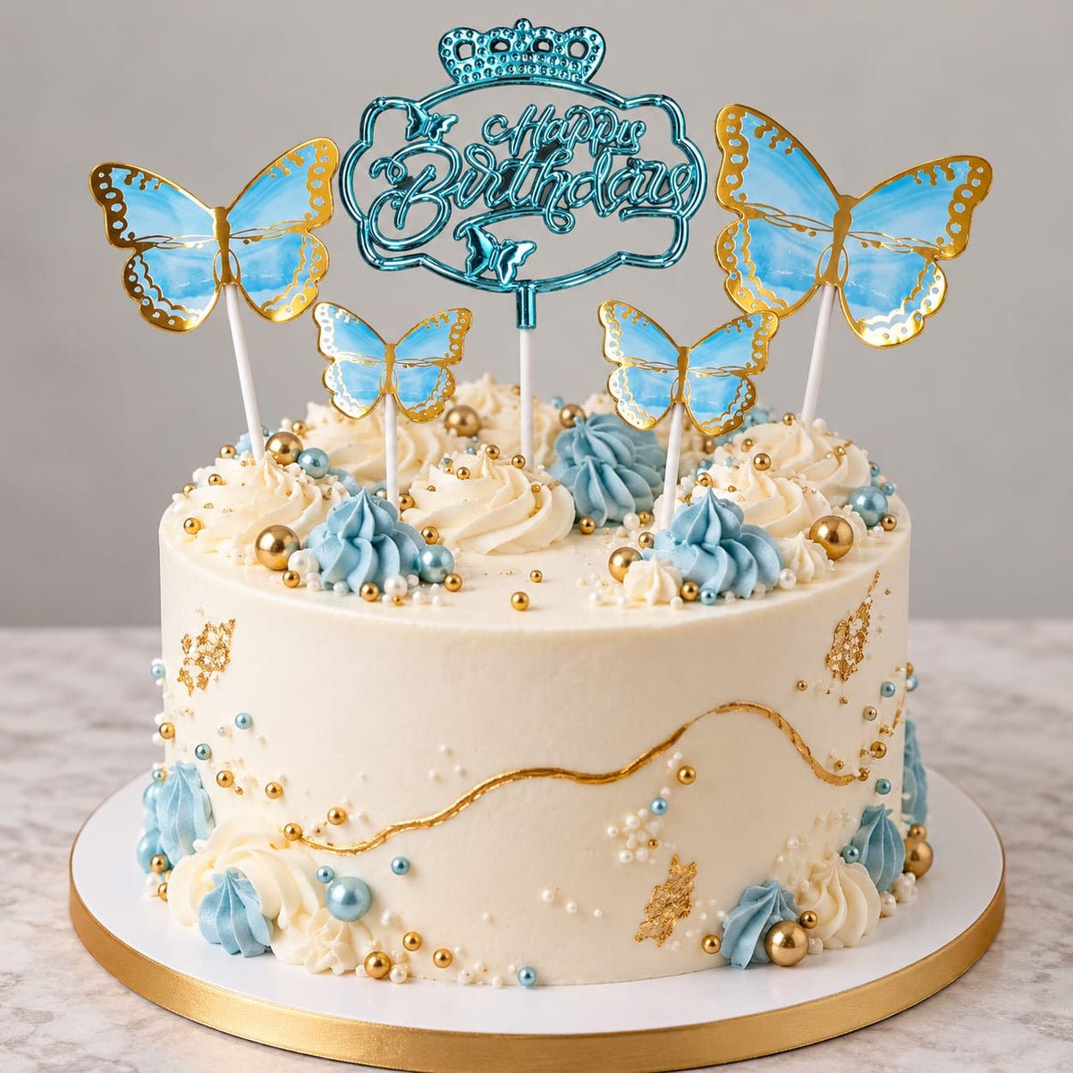 Premium Blue happy Brithday Topper With butterfly Set