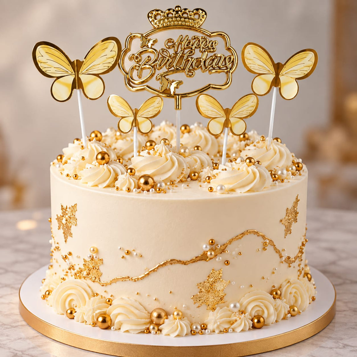Premium Golden Happy Brithday Topper With Butterfly Set