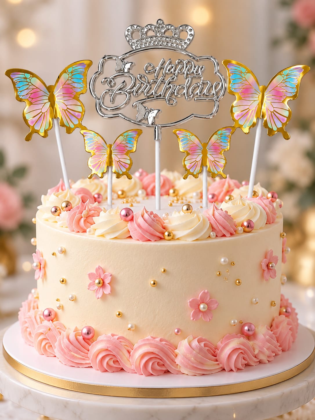 Premium Silver Happy Brithday Topper With Butterfly Set