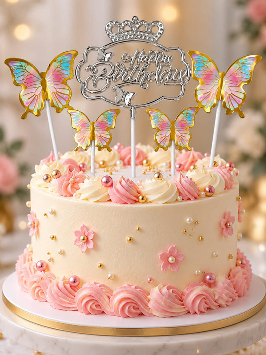 Premium Silver Happy Brithday Topper With Butterfly Set