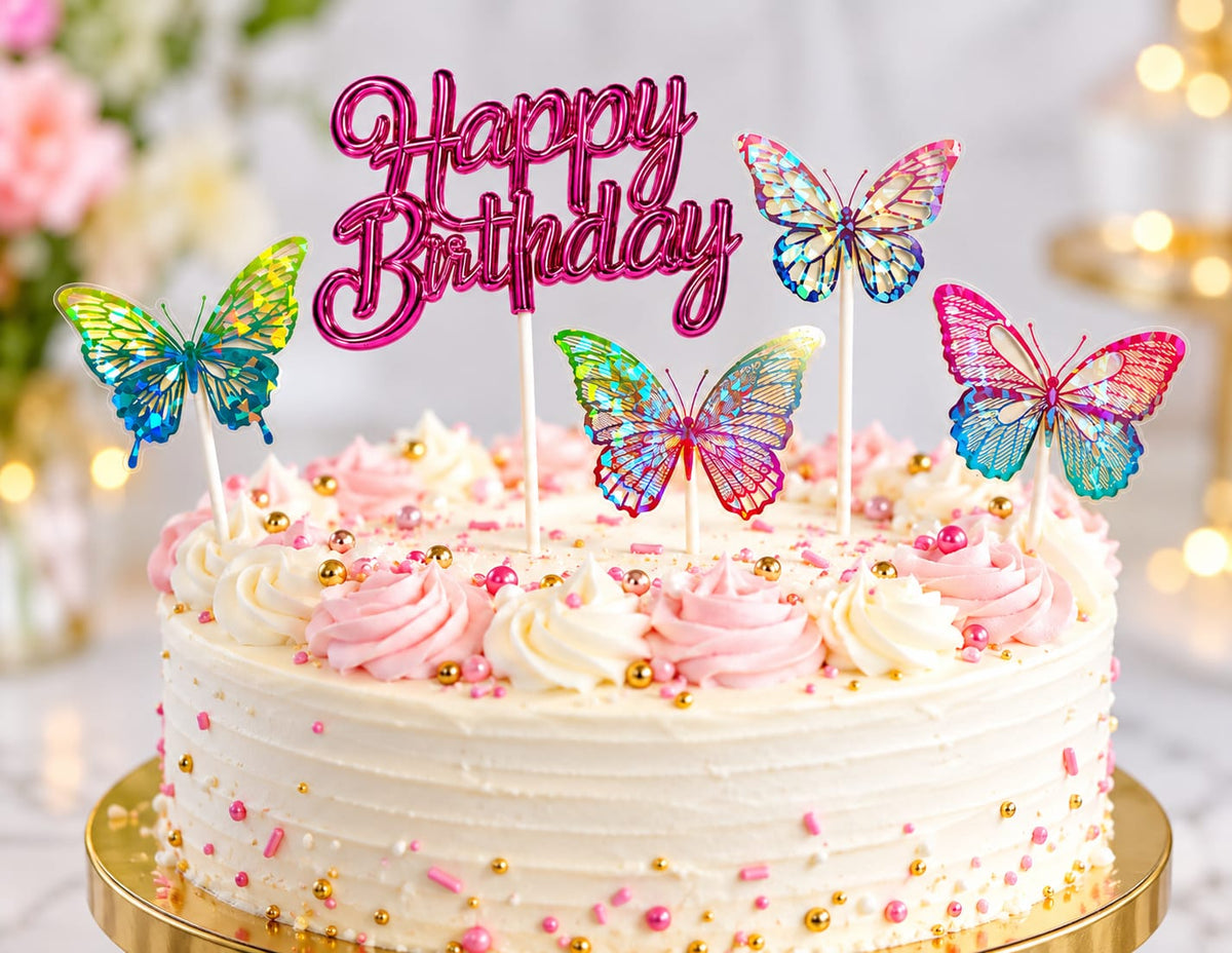 Pink Happy Birthday Topper with 4 Holographic Butterfly Toppers