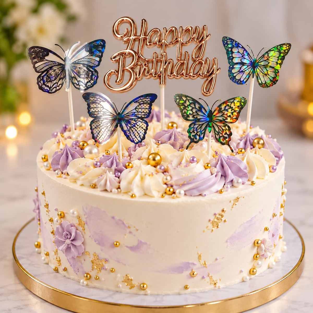 Copper Happy Birthday Topper with 4 Holographic Butterfly Toppers