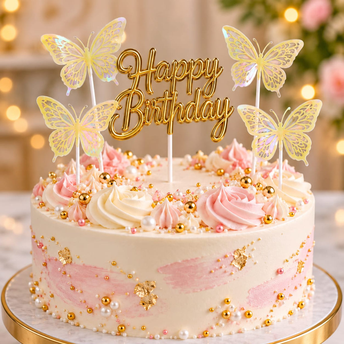 Golden Happy Birthday Topper with 4 Holographic Butterfly Toppers