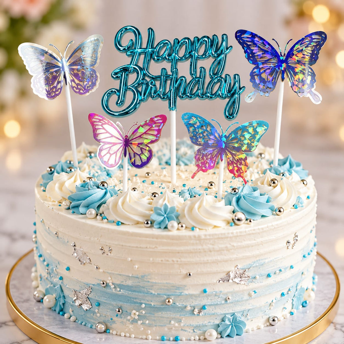 Blue Happy Birthday Topper with 4 Holographic Butterfly Toppers