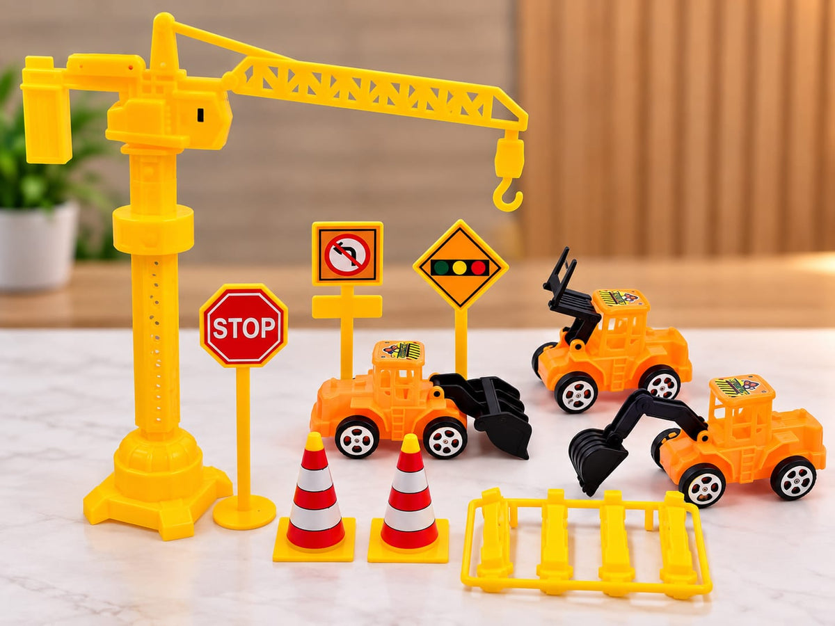 Mini Construction Vehicle Toy Playset with Tower Crane, JCB Excavators, Road Signs, Traffic Cones & Safety Barricade