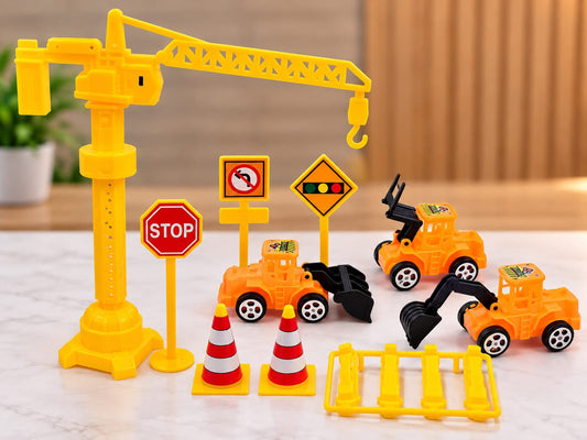Mini Construction Vehicle Toy Playset with Tower Crane, JCB Excavators, Road Signs, Traffic Cones & Safety Barricade