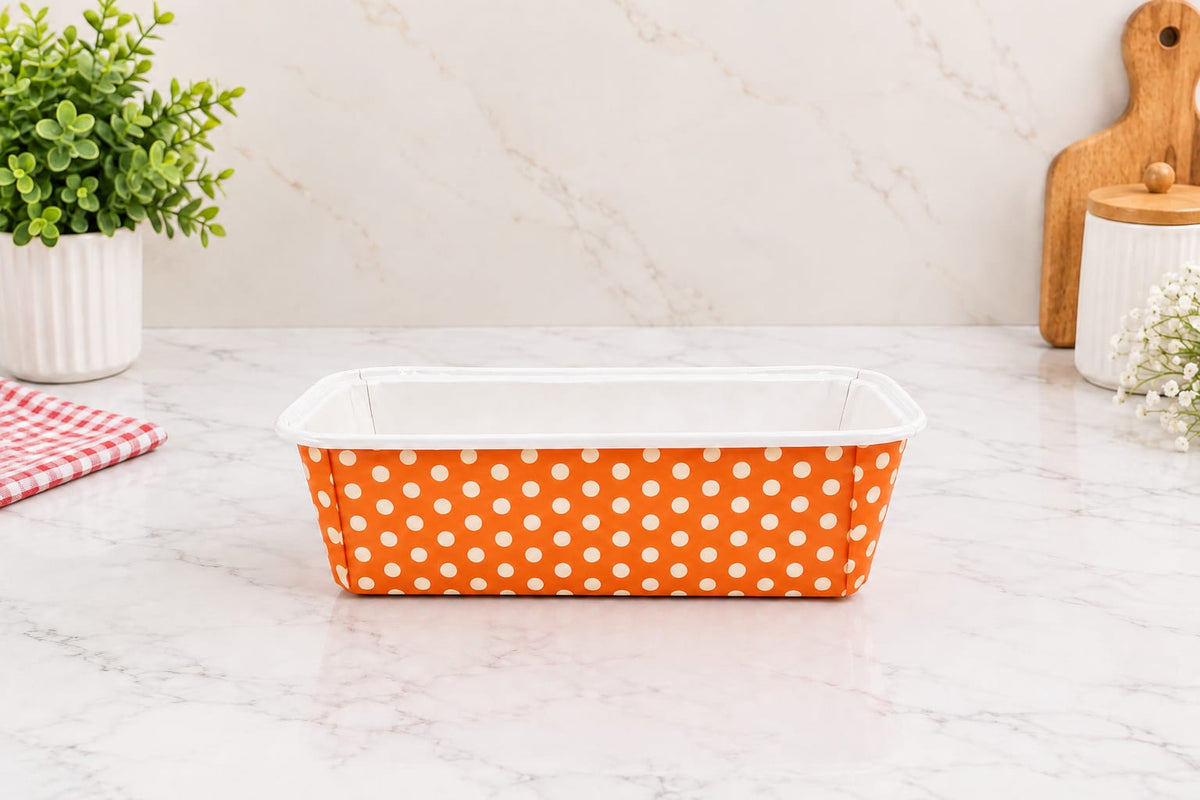Orange with White Polka Dots Rectangular Paper Loaf Baking Mould Tray Pack of 20