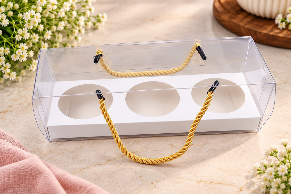 Transparent 3-Cavity Humper Box with Golden Rope Handle Size-9*3*3 Inch Pack of 10