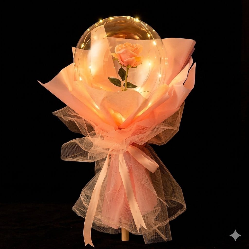 Premium LED Light Pink Rose Bouquet with Balloon Cover