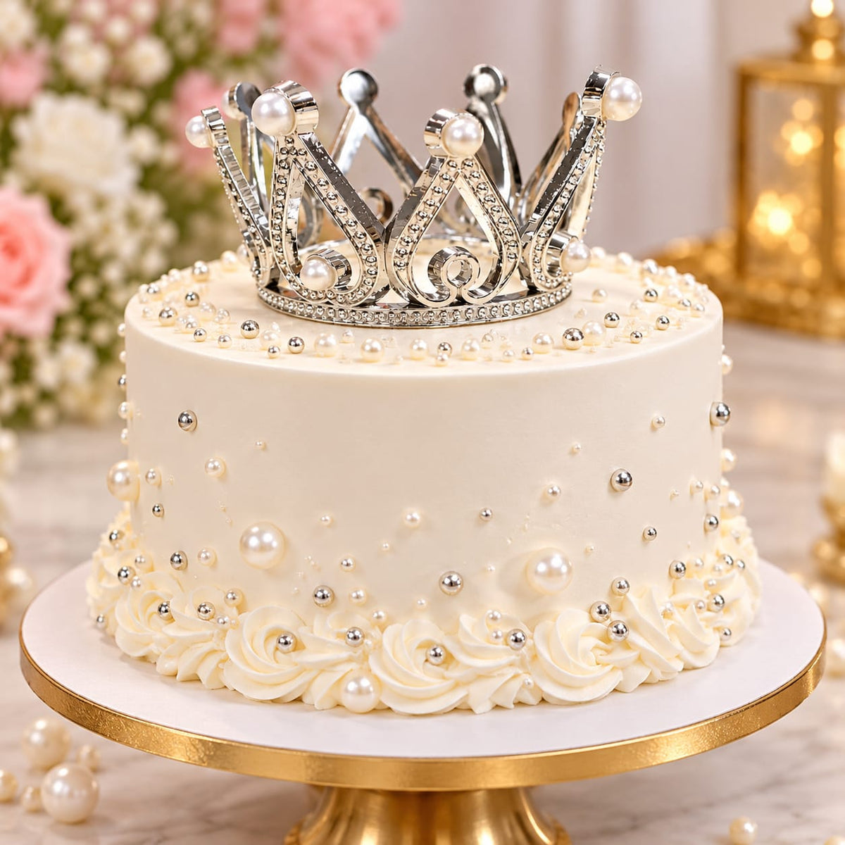 Silver Crown Cake Topper with Pearl