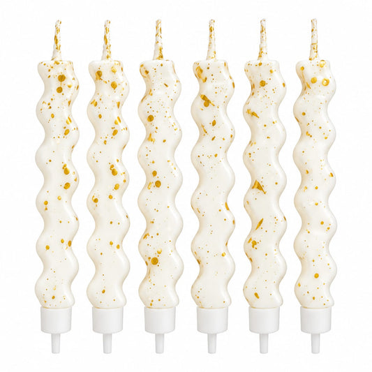 White With Gold Foil Wavy Candles with Holders Pack of 6