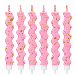 Pink With Gold Foil Wavy Candles with Holders Pack of 6