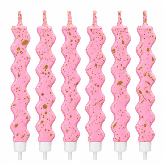 Pink With Gold Foil Wavy Candles with Holders Pack of 6