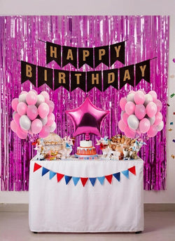 Pink Happy Birthday Party Decoration Set with (2 Curtain, 1 Happy Birthday Banner, 10 white and 10 Pink balloon, 1 Star foil balloon)