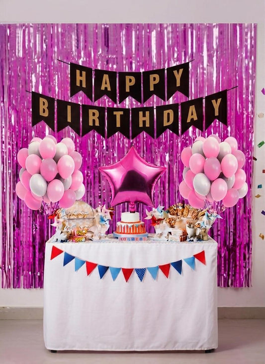 Pink Happy Birthday Party Decoration Set with (2 Curtain, 1 Happy Birthday Banner, 10 white and 10 Pink balloon, 1 Star foil balloon)
