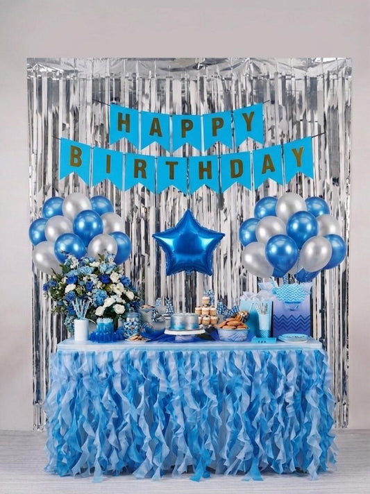 Blue Happy Birthday Party Decoration Set with (2 Curtain, 1 Happy Birthday Banner, 10 blue and 10 white balloon, 1 Star foil balloon)