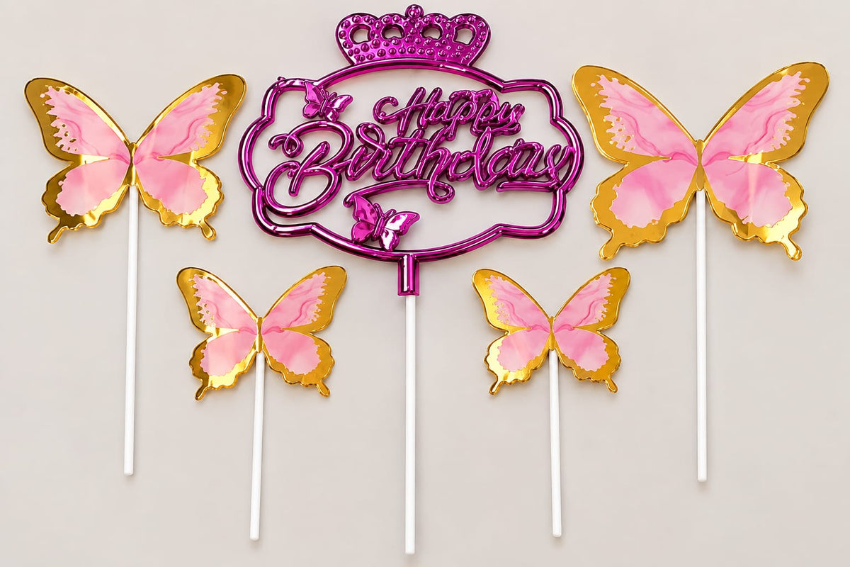 Premium Pink Happy Brithday Topper With Butterfly Set