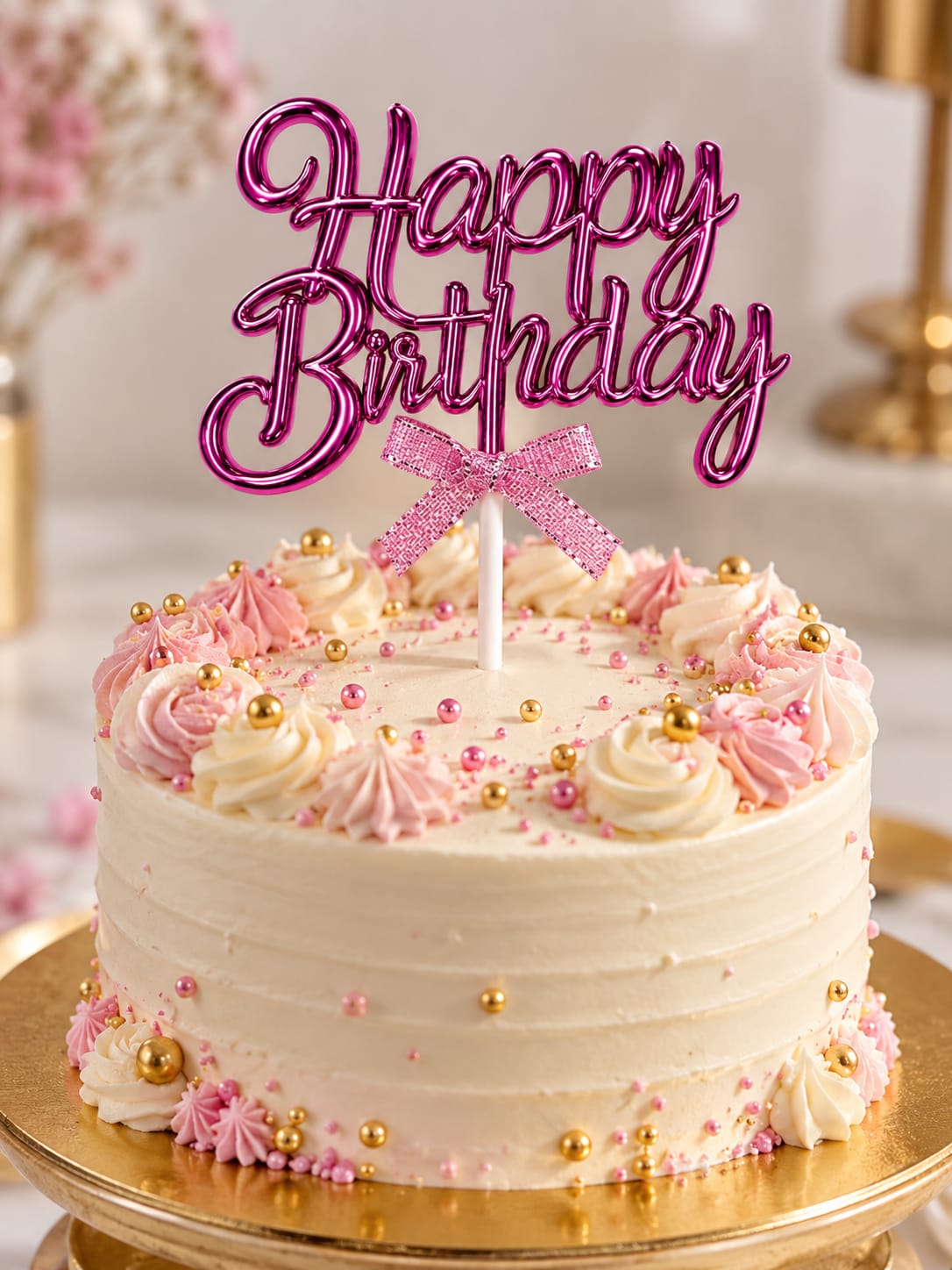 Premium Pink Happy Birthday Cake Topper