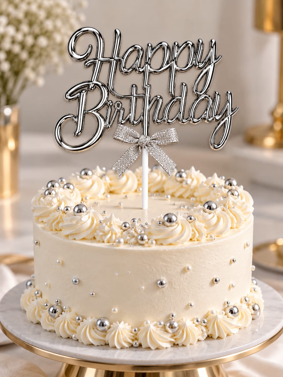 Premium Silver Happy Birthday Cake Topper