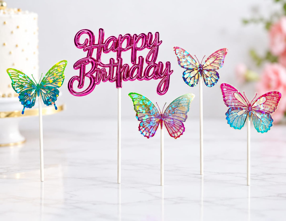 Pink Happy Birthday Topper with 4 Holographic Butterfly Toppers