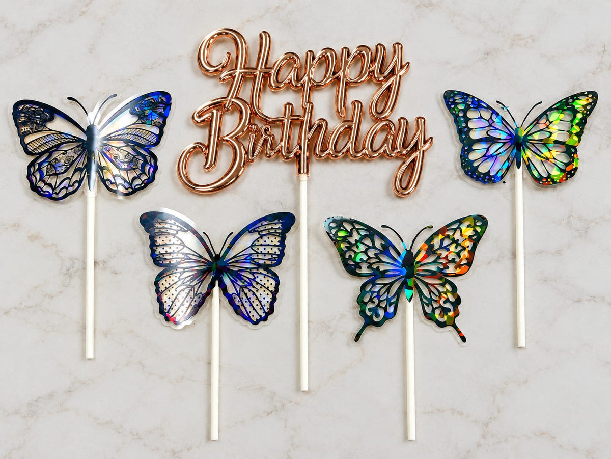 Copper Happy Birthday Topper with 4 Holographic Butterfly Toppers