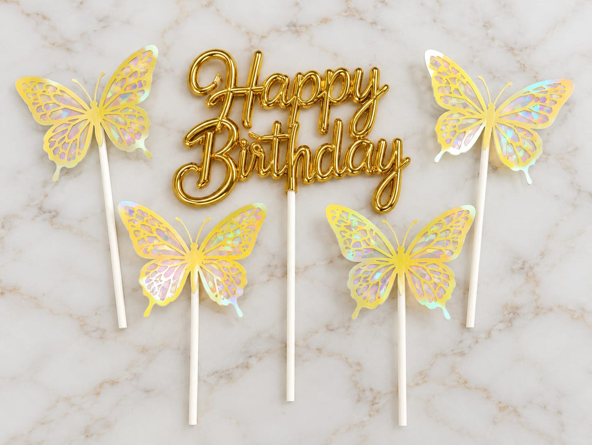 Golden Happy Birthday Topper with 4 Holographic Butterfly Toppers