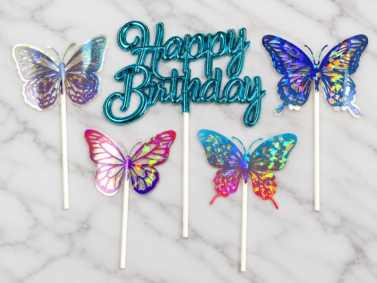 Blue Happy Birthday Topper with 4 Holographic Butterfly Toppers