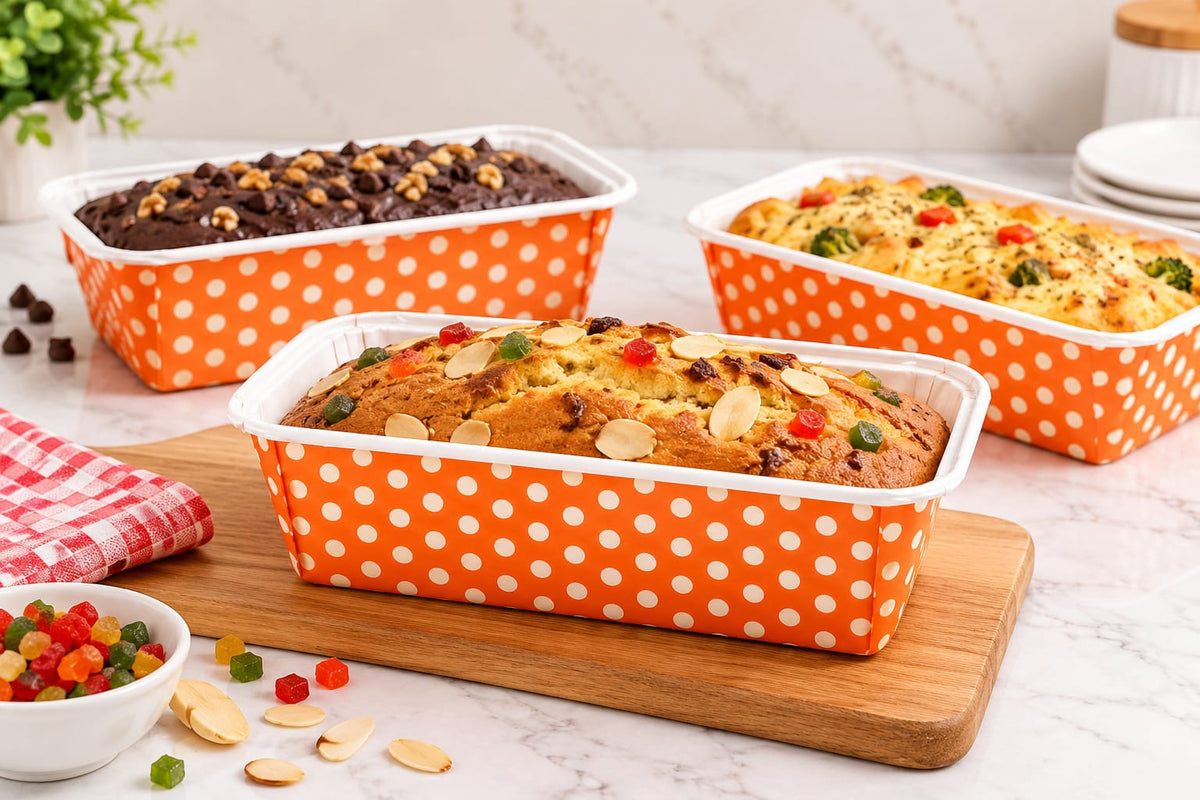 Orange with White Polka Dots Rectangular Paper Loaf Baking Mould Tray Pack of 20