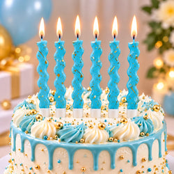 Blue With Gold Foil Wavy Candles with Holders Pack of 6
